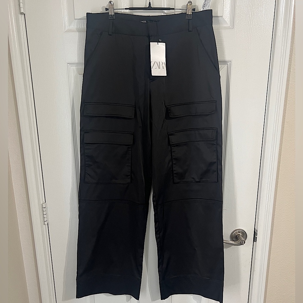 Zara Black Satin Cargo Pants Large